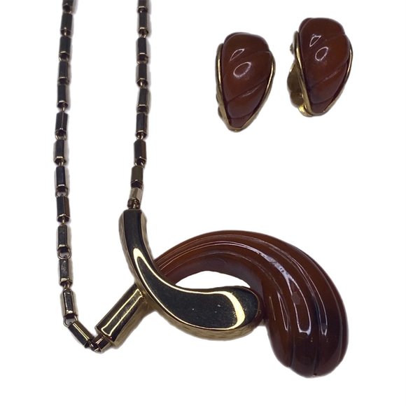 Women's Brown Pendant Necklace with Matching Clip-On Earrings - Picture 6 of 11